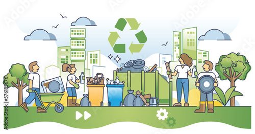 Community cleanup event with city trash collecting activity outline concept. Volunteer group project from local environment to separate garbage for recycling vector illustration. Public care and unity