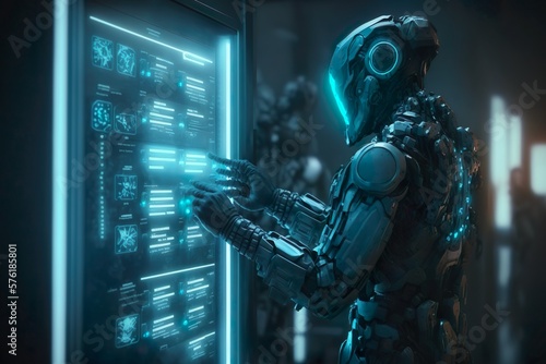 A sleek, blue control panel is being touched by a humanoid robot in a futuristic setting.