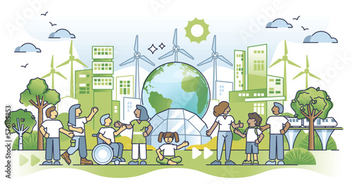 Sustainable green city with ecological energy power usage outline concept. Diversity and unity as future modern environment lifestyle vector illustration. Community with nature friendly thinking.