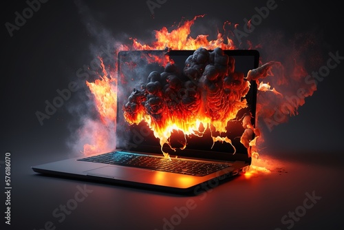 laptop made of fire and smoke on a dark background, generative ai