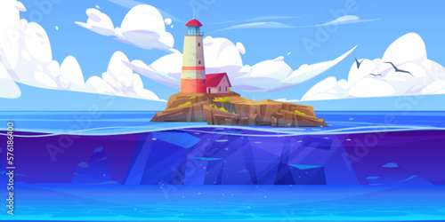 Cartoon vector sea landscape background with lighthouse on island. Illustration with house on rocky coast in ocean, underwater view. Beacon and building on harbor. Beautiful panoramic seascape.