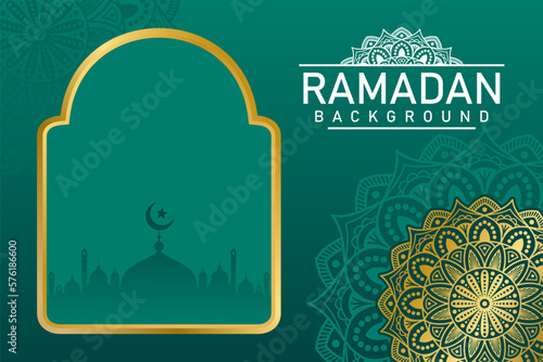 slamic Arabic Green Luxury Background with Golden Mandala pattern and Beautiful Ornament for Ramadan Kareem and Eid Mubarak