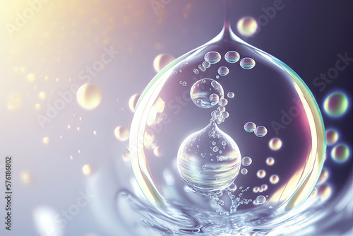 Cosmetic essence glittering  molecule bubble. Collagen  vitamin or serum drop for moisturizer. Liquid molecule chemical structure floating on water background with Generative AI.