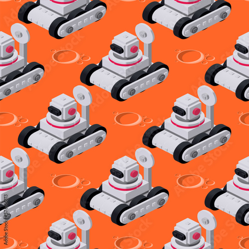 Robot rover on the surface of mars, seamless pattern. Vector clipart