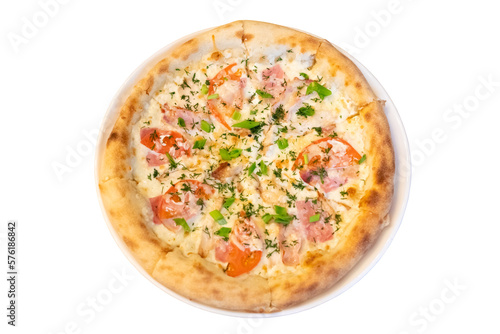 Pizza with bacon, ham, chicken meat, tomatoes, cheese on white plate isolated on black background. Top view.