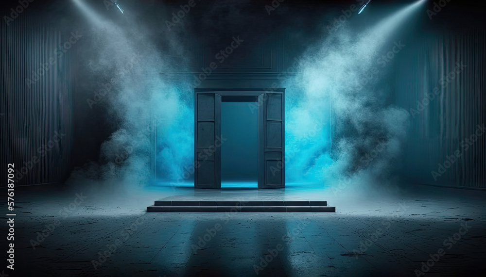 Technology abstract neon light background, empty space scene, spotlight, dark night, virtual reality, cyber futuristic sci-fi background, studio for mock up with floated smoke with Generative AI.