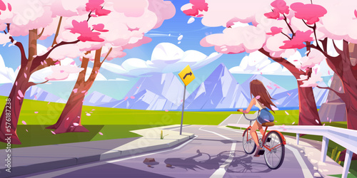 Girl riding bike on japanese road near mountain through sakura forest with falling petals. Cherry blossom rock valley view vector cartoon background. Female cyclist ride on weekend. © klyaksun