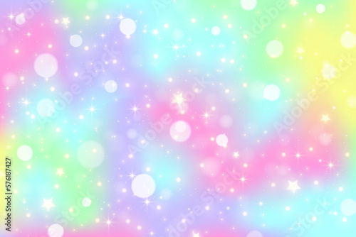Rainbow unicorn background. Pastel gradient color sky with glitter stars and bokeh. Magic galaxy space. Vector fairy abstract backdrop