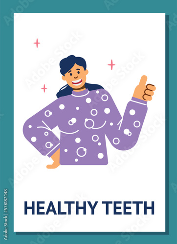 Woman with healthy white teeth, dental clinic advertising poster, flat vector illustration.