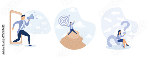 Mobile marketing, Business target, Confusion, advertising with social media, set flat vector modern illustration
