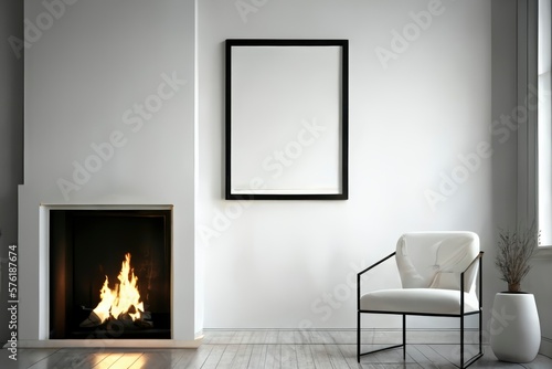 big picture frame art in a white room, empty copy space, product display, bright frame mock up, white blank canvas, generative ai