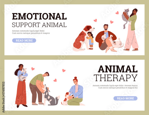 ESA emotional support animal and pet therapy flyers, flat vector illustration.