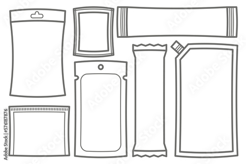 Sachets packs and pouch bags icons. Plastic and paper sticks for powder, sugar, medicine, sauce and coffee with zipper. Vector set