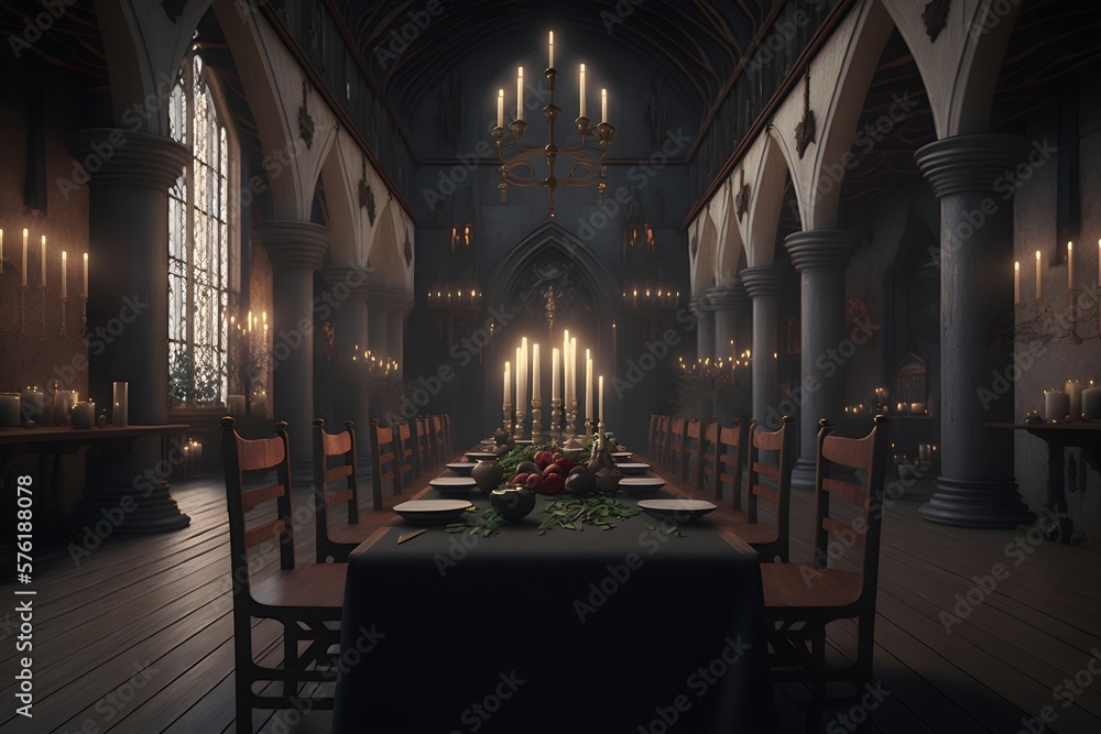 large table in banquet hall. luxurious and medieval fantasy interior, Generative AI