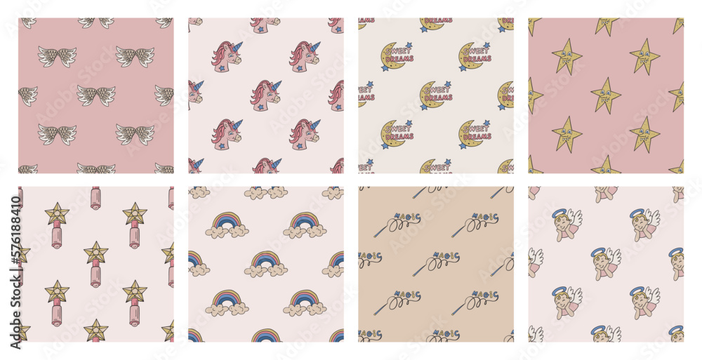Set of cute magic patterns. Collection of dreamy backgrounds for textile, design, fabric, cover etc. Set of cute magic patterns. Collection of dreamy backgrounds for textile, design, fabric, cover etc.