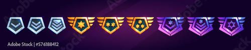 Army rank badges, gold military insignia signs. Game icons of golden, silver and rare emblems. Metal symbols with wings, stars and chevrons, vector cartoon set isolated on background