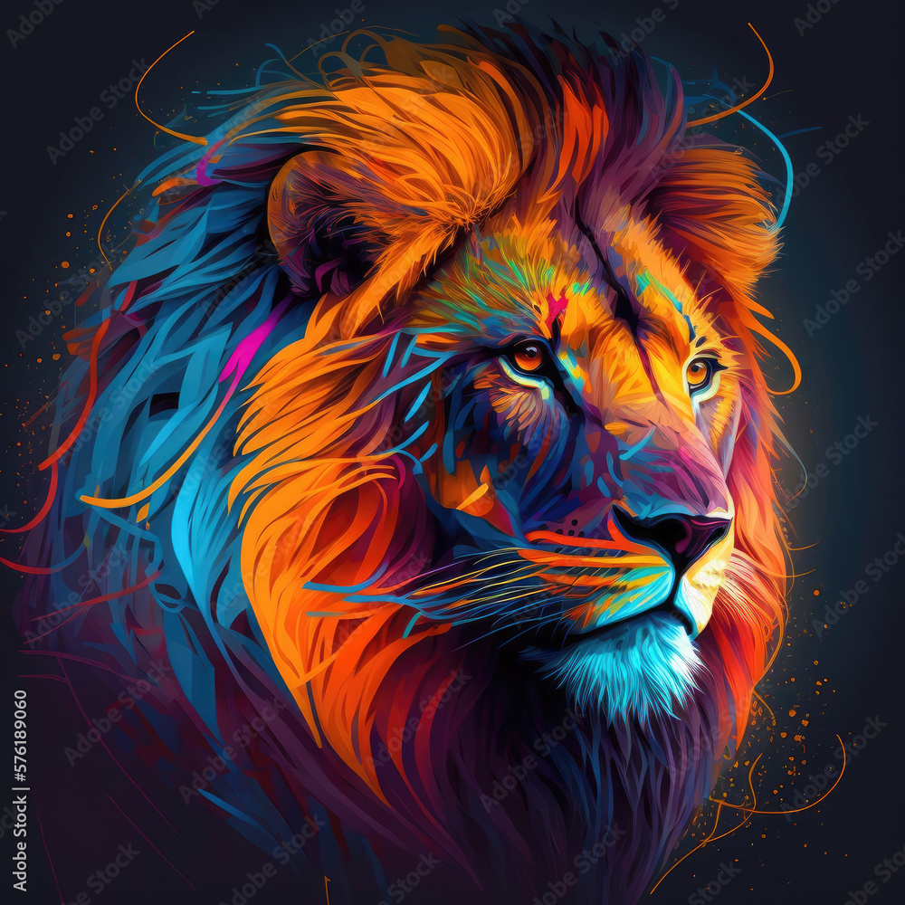 Head of beautiful, colorful lion design, fierce, powerful predator, dangerous wildlife, wild animal,