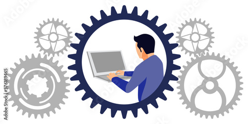 Freelancer character working with pc laptop in gear avatar isolate on white background with gear system