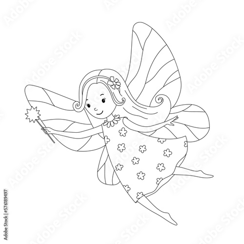 Cute little fairy with wings and magic wand isolated on white. Vector outline illustration for coloring page