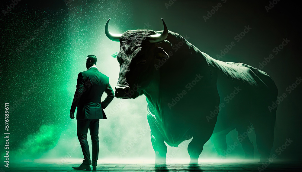 man standing next to a bull in a dark room, financial and stock market concept, business concept - obrazy, fototapety, plakaty 