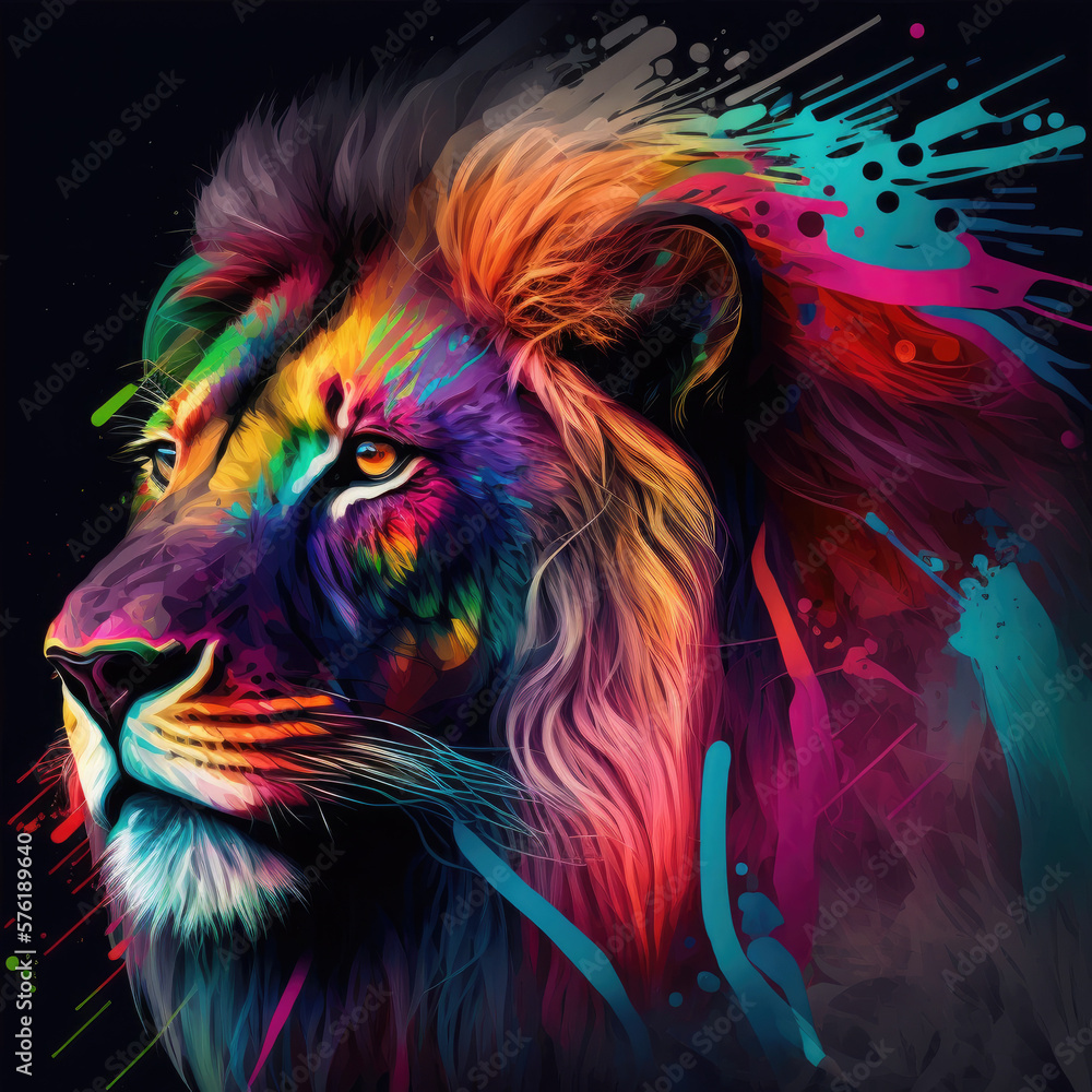 Head of beautiful, colorful lion design, fierce, powerful large predator, dangerous wildlife, wild animal, strong mane, illustration art