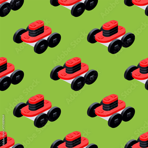 Lawnmower robot on the lawn, seamless pattern. Vector clipart