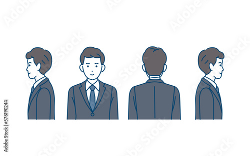 様々な方向を向いたスーツ姿の男性のイラストセット