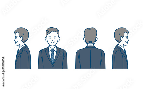 様々な方向を向いたスーツ姿の中年男性のイラストセット