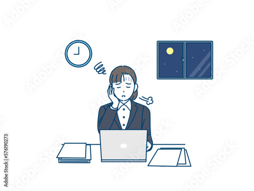 残業をする会社員の女性のイラスト