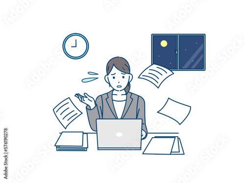 残業をする会社員の女性のイラスト