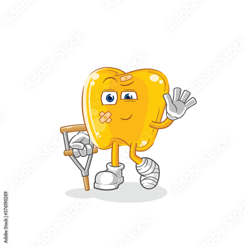 gold teeth sick with limping stick. cartoon mascot vector