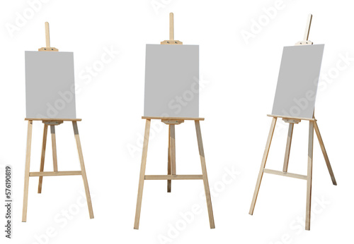 White tablet for drawing on a wooden easel in 3 angles isolated on a white background.