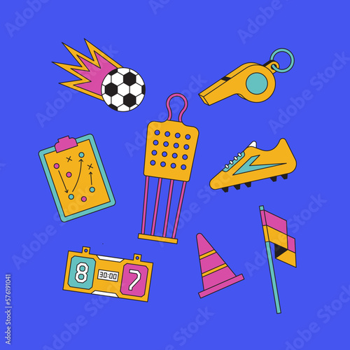 illustration of Football training equipment including, ball,  football shoe, coach boar, free kick mannequin