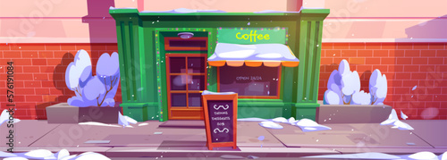 Coffee shop exterior in winter. Vector cartoon illustration of city cafe facade decorated with colorful garland, large window and wooden door, Christmas discount announcement on street sidewalk