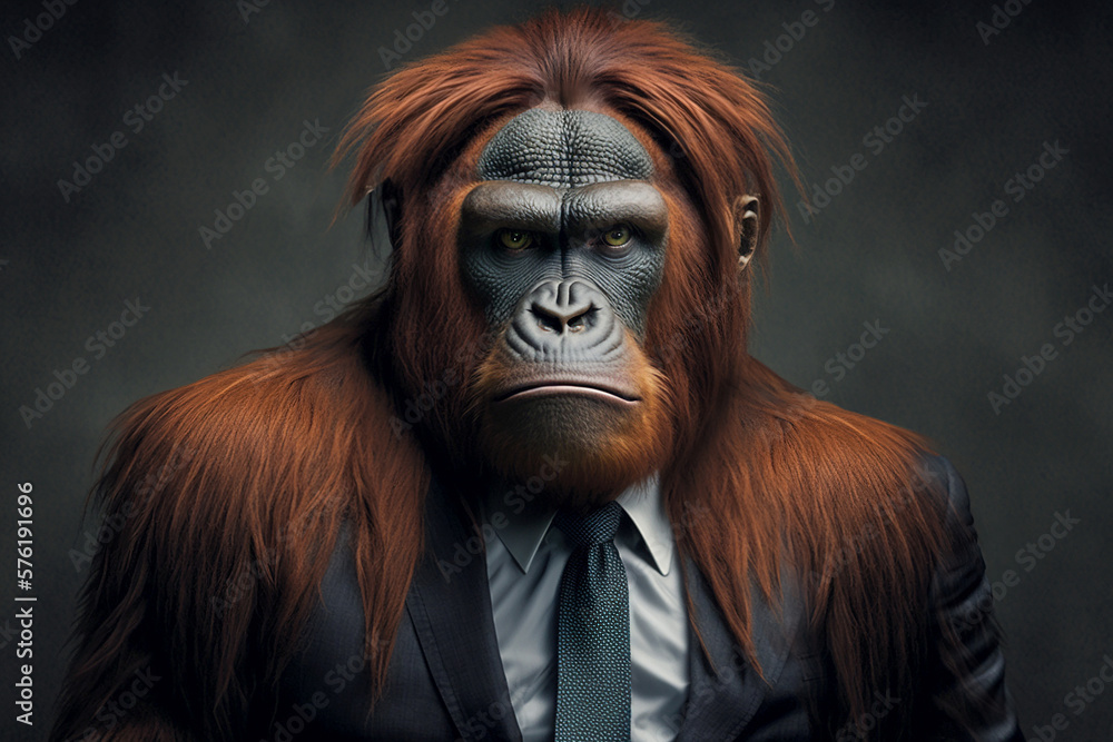 A charming and strong stylish red-haired man, an orangutan monkey in a business suit in the image of a businessman, a business portrait on a gray background ai A charming and strong stylish red-haired man, an orangutan monkey in a business suit in the image of a businessman, a business portrait on a gray background ai