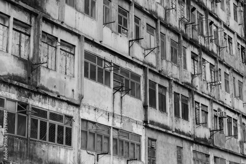 Exterior of abandoned residential building in Hong Kong city