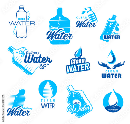 Clean drinking bottled water delivery icons