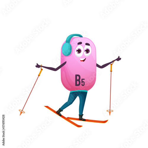 Cartoon vitamin B5 character skiing, winter sport