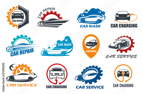 Car repair and wash service, charging station icon