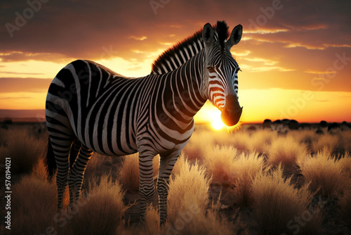Zebras in the African savanna against a beautiful sunset.Generative AI.