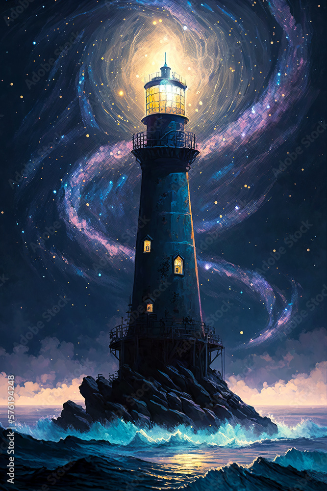 Beautiful Watercolor Illustration of a Lighthouse set on a Rocky Island against a Backdrop of a Starry Night Sky, Made in Part with Generative AI