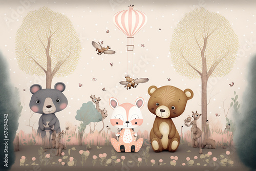 Kids room wallpaper with animals and pastel colors.Generative ai.