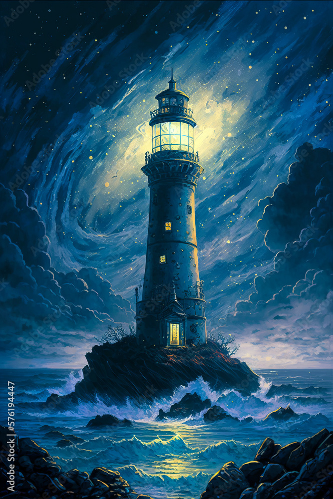 Beautiful Watercolor Illustration of a Lighthouse set on a Rocky Island against a Backdrop of a Starry Night Sky, Made in Part with Generative AI