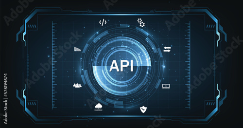  (API)Application Programming Interface. Software development tools, information technology, modern technology, internet, and networking concept on dark blue background. 