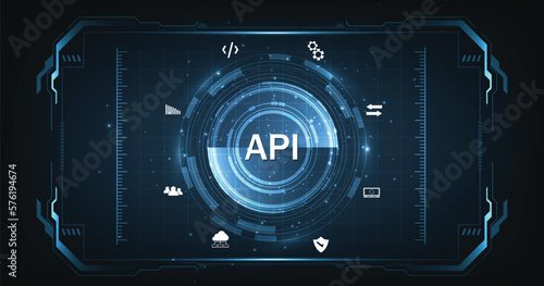  (API)Application Programming Interface. Software development tools, information technology, modern technology, internet, and networking concept on dark blue background.	