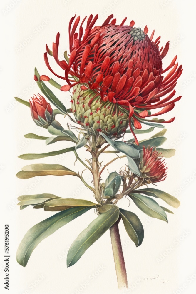 Watercolour abstract clip-art of waratah flower. Red waratah. Set of ...