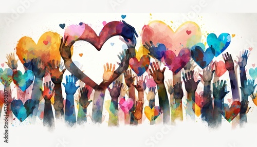 Group of diverse people with arms and hands raised towards hand painted hearts. Charity donation, volunteer work, support, assistance. Multicultural community. People diversity. Generative AI