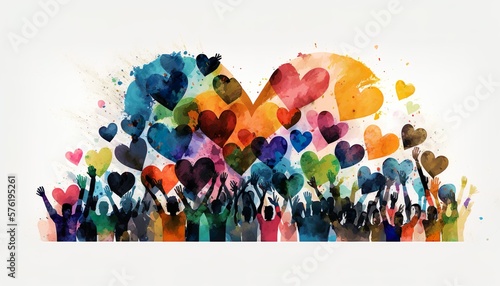 Fotografia Group of multicultural people with arms and hands raised towards a hand painted heart