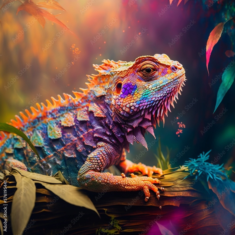 Colorful bearded dragon on a Wooded log, Colorful bearded dragon on a Wooded log,