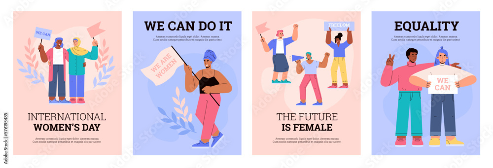 Set of posters or vertical banners about women rights flat style